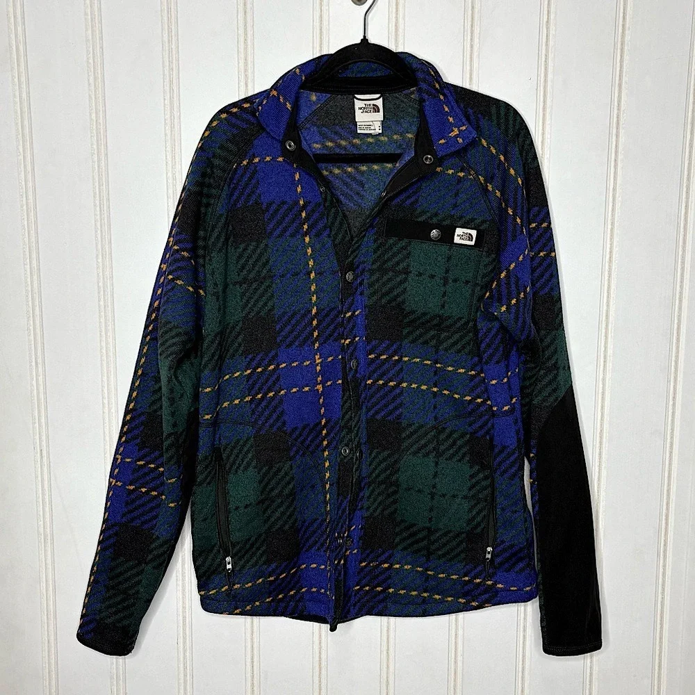 The North Face Gordon Lyons Plaid Fleece Snap Front Shirt Jacket Blue Green M